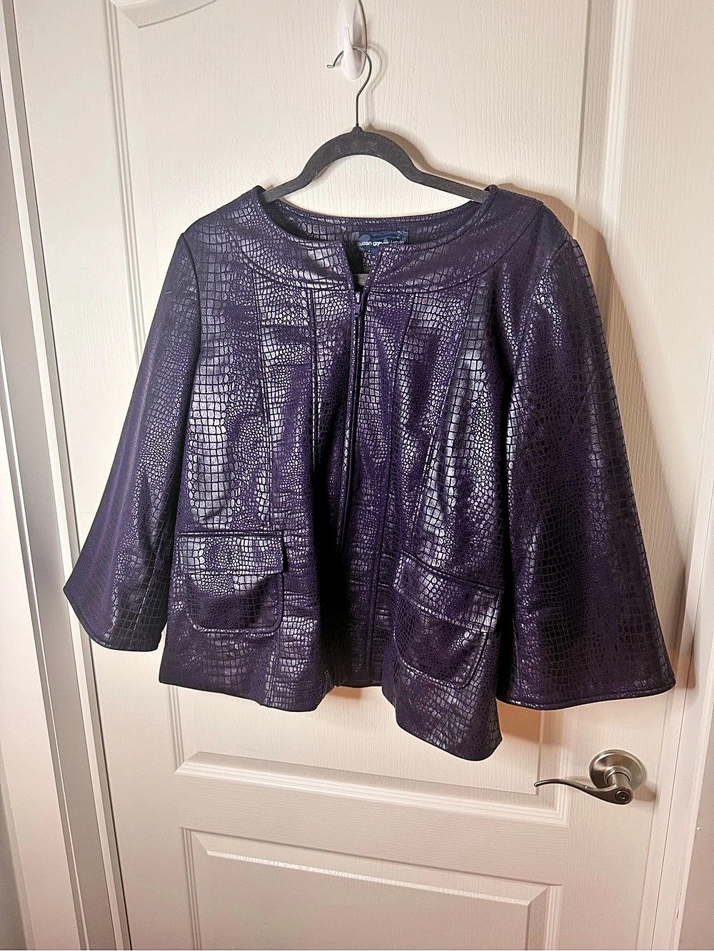 Susan Graver Croc Embossed Faux Leather Zip Front Jacket Purple Medium